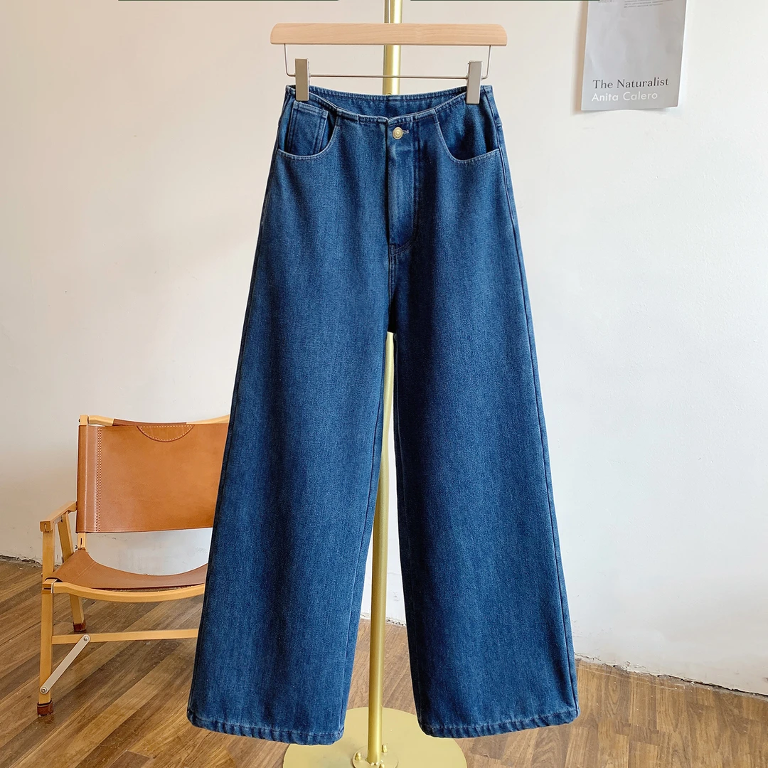 Y3276加绒拉链纽扣牛仔阔腿裤