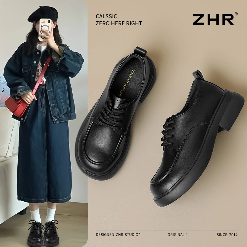 厚底粗跟小皮鞋女圆头百搭英伦单鞋减龄复古增高加绒乐福鞋英伦风