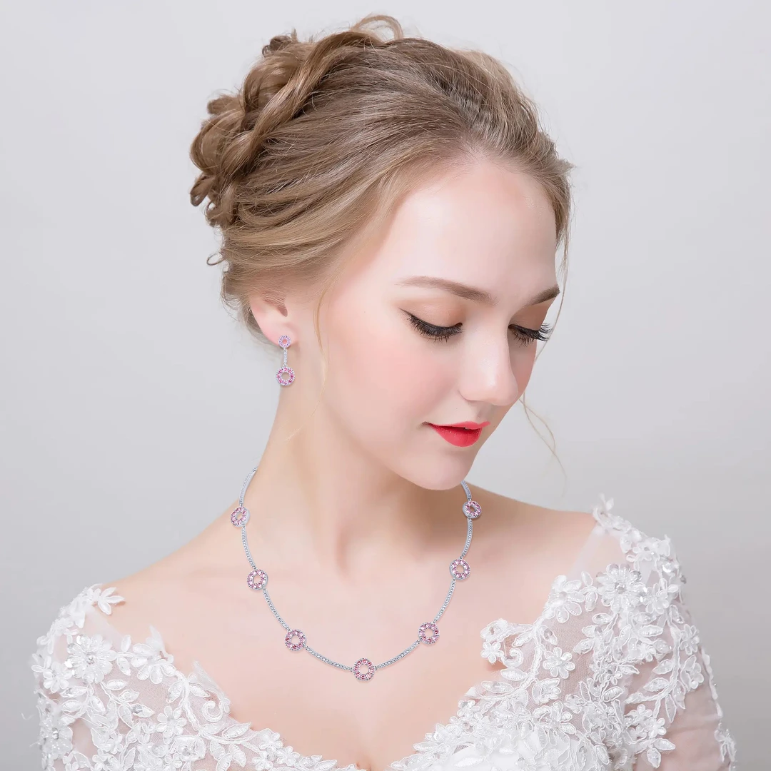 铜合金莫桑石项链 粉色圈圈时尚百搭项链耳环6152