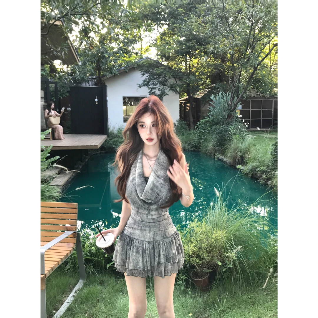 Mejiu蜜九【疏星落诗】夏秋法式高腰显瘦性感辣妹风碎钻挂脖连衣裙