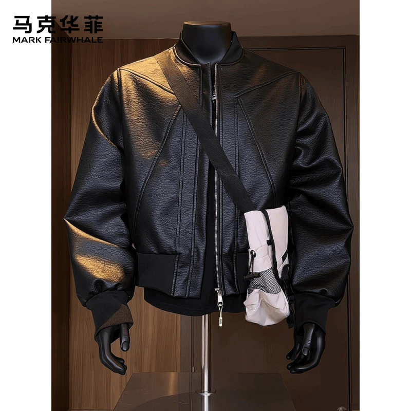 马克华菲秋季美式棒球领飞行皮衣夹克立领休闲百搭宽松外套男潮