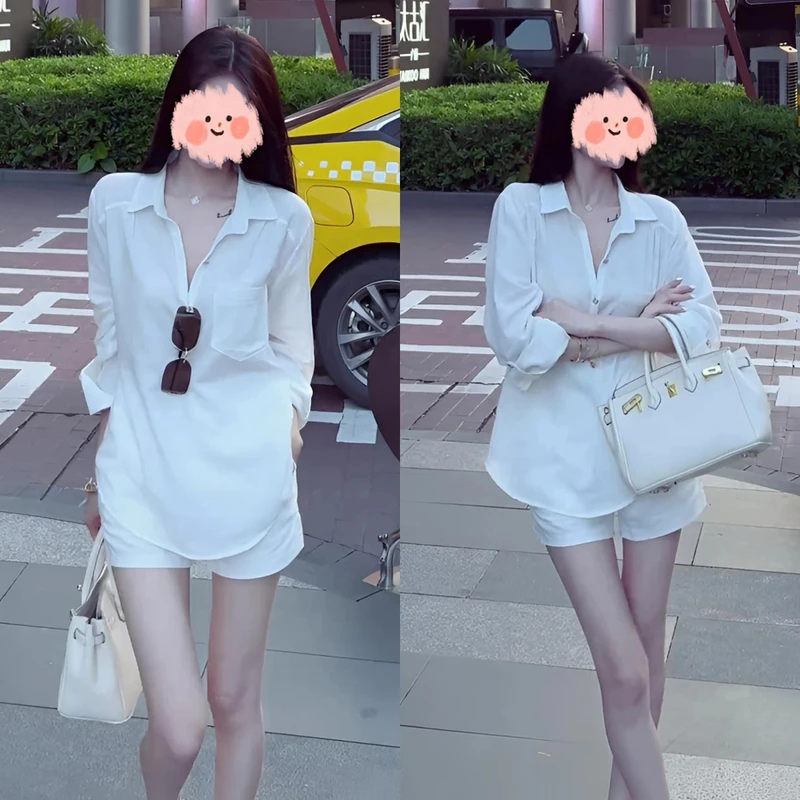 2025夏季新款法式简约时尚百搭套装女白色防晒衬衫上衣短裤两件套