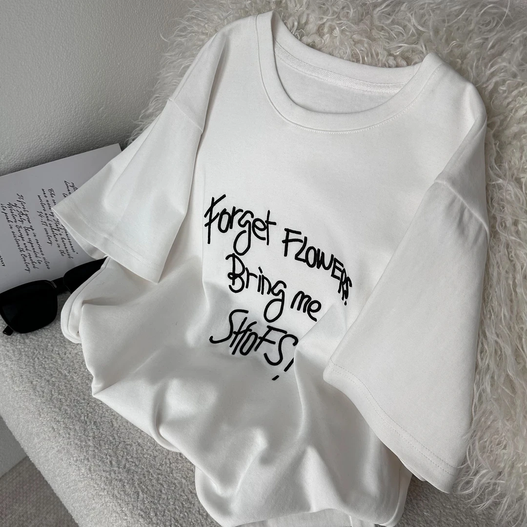 CKKOR夏季新款字母印花休闲短袖t恤女纯棉百搭宽松韩版设计感上衣