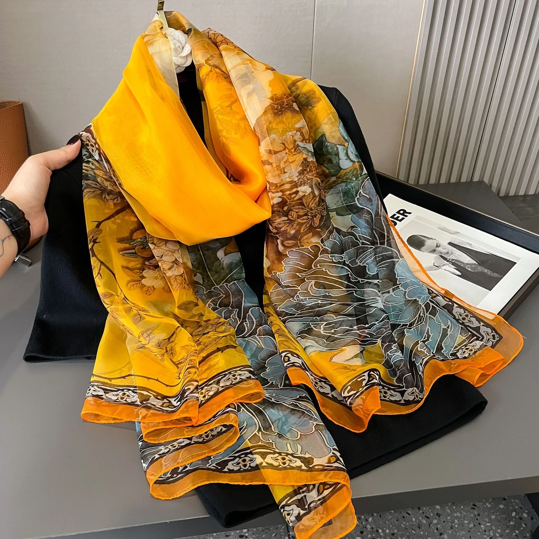 新款优柔纱丝巾长款牡丹印花围巾黄色春秋纱巾中国风