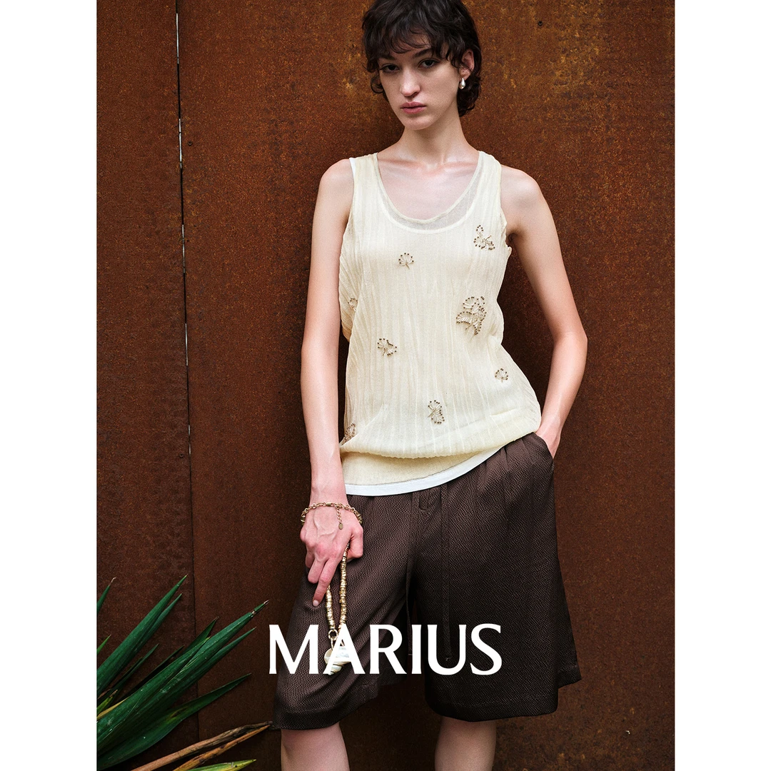 MARIUS"皱皱衫"棉混纺手工钉珠精致优雅显瘦压褶针织背心/开衫