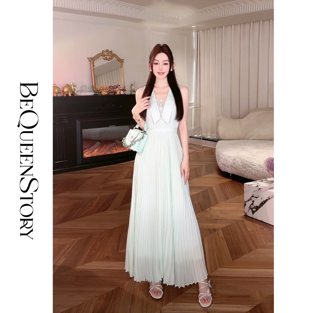 余潇潇【海上风琴】新款欧若风轻奢精致压褶无袖翻领连衣裙