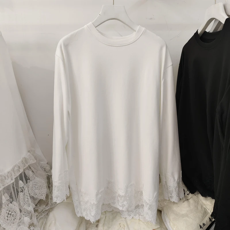 宽松慵懒风中长款打底衫长袖上衣女加薄绒2024冬季新款蕾丝拼接