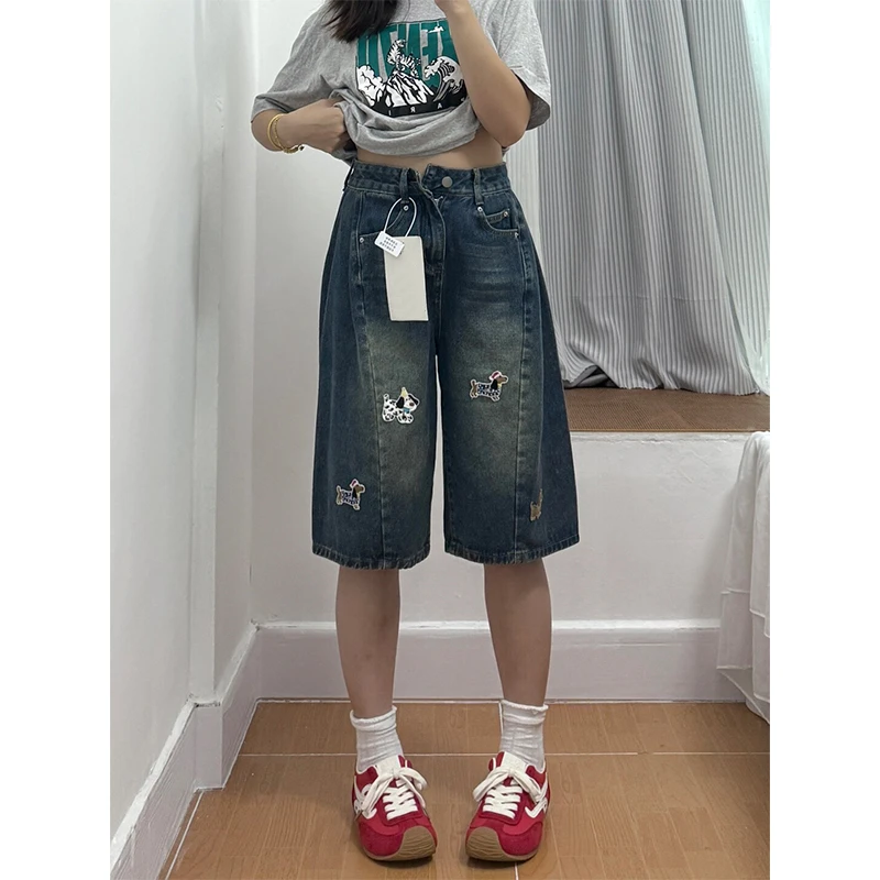 微胖mm腊肠狗贴布刺绣五分牛仔裤女夏季新款宽松显瘦百搭阔腿中裤