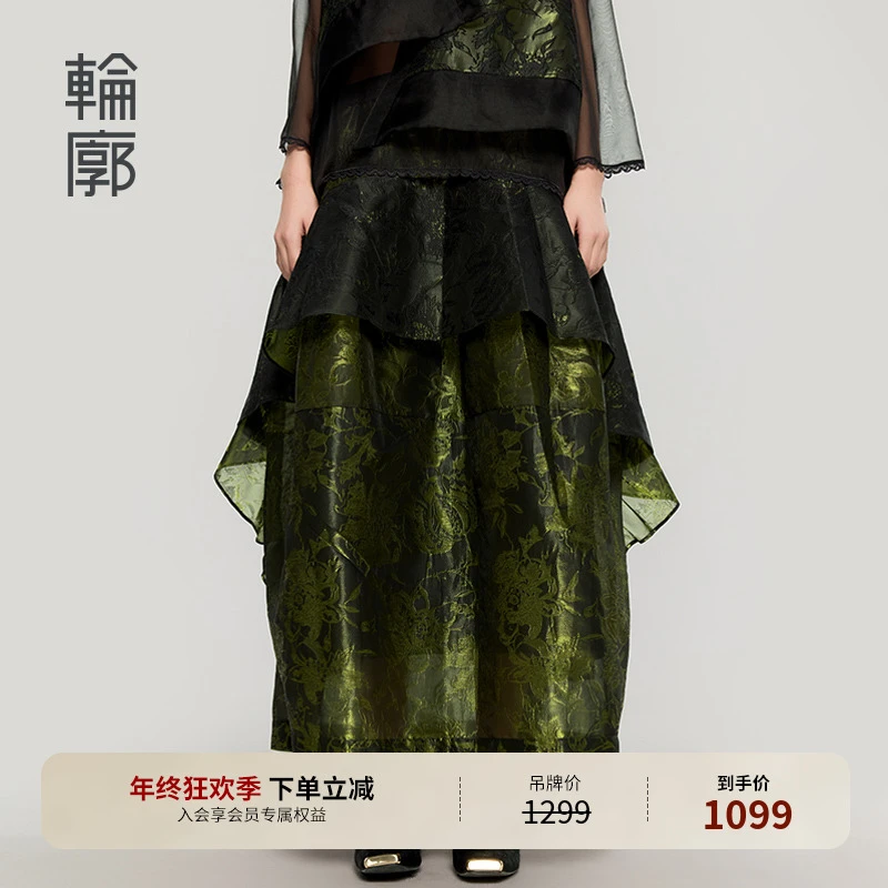 轮廓茯苓花苞裙半身裙新中式复古时尚裙子胖mm显瘦款绿L251Q005