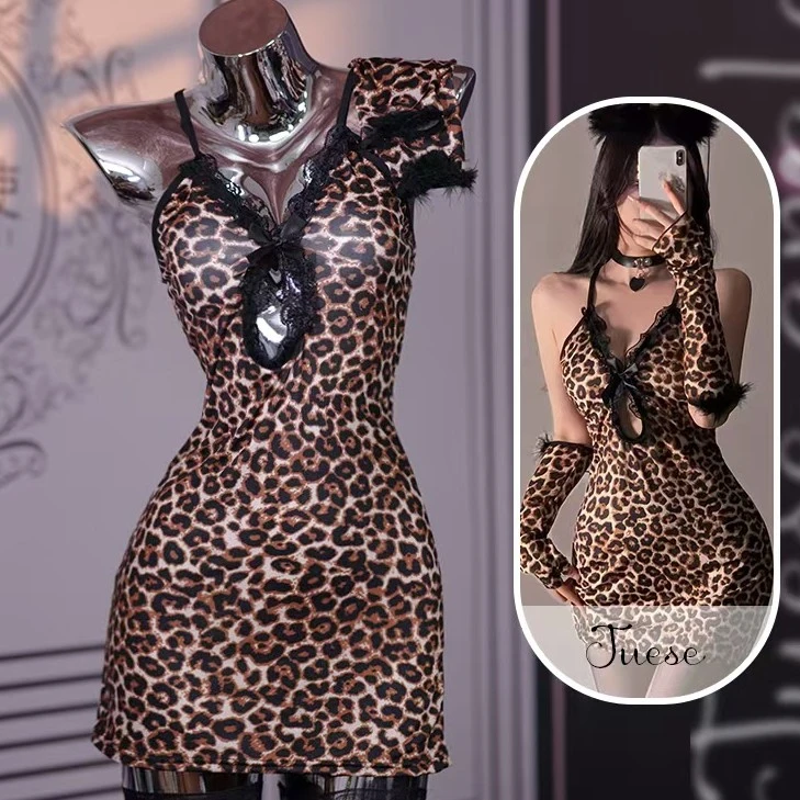 性感豹纹吊带连衣裙收腰显瘦包臀裙蕾丝镂空露背睡裙女