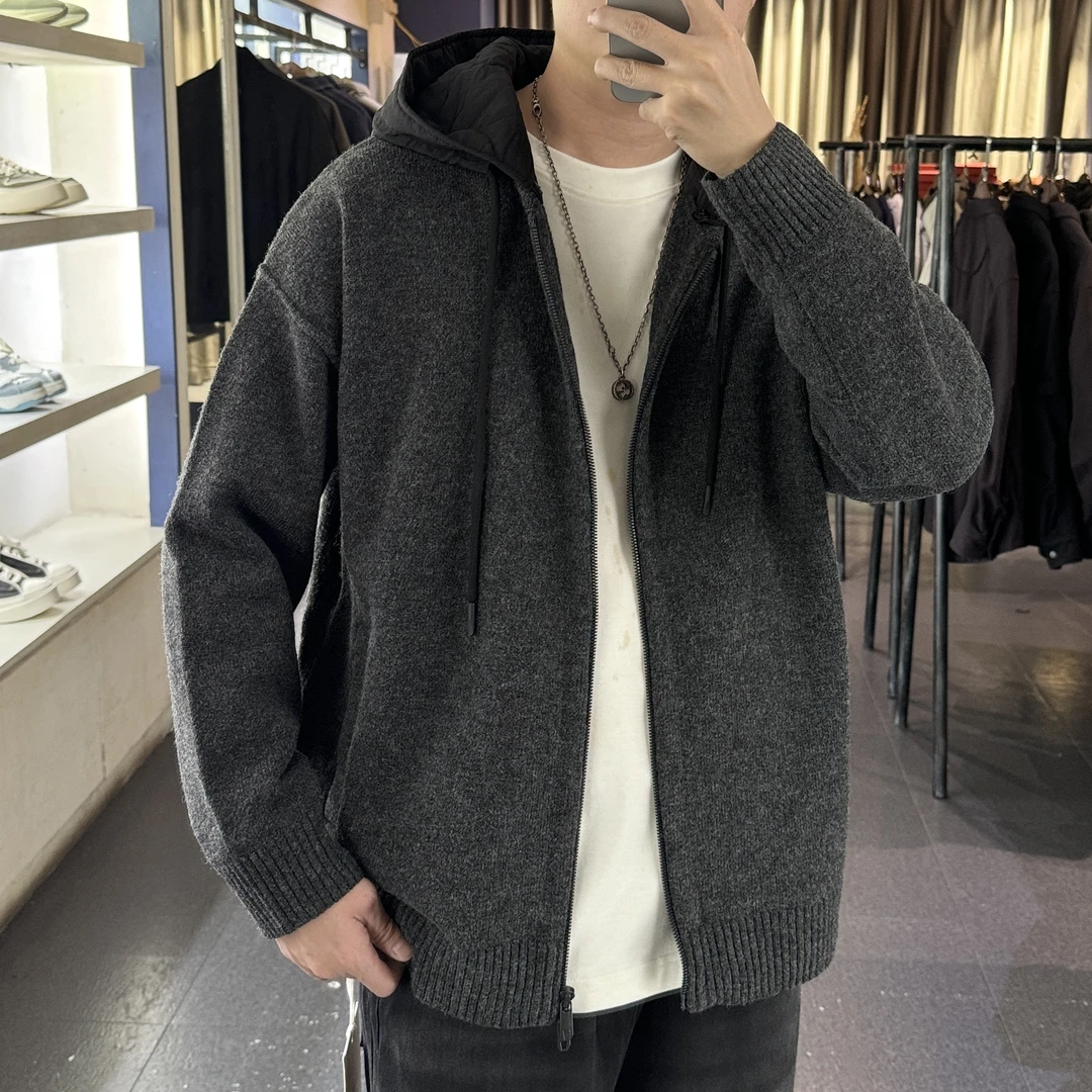 KP-X暖糯定织羊毛开衫毛衣秋冬时尚百搭可拆卸帽款宽松男针织外套