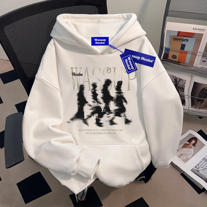 WASSUP HSUBE美式复古潮牌印花连帽卫衣高街百搭上衣情侣宽松休闲
