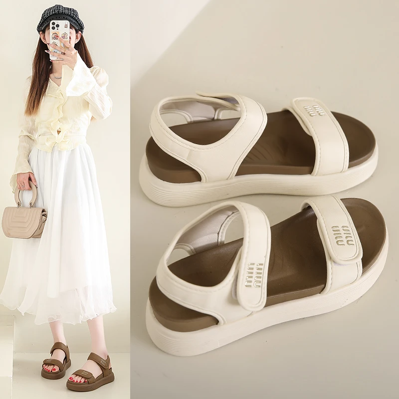 厚底运动凉鞋女2025夏季新款时尚平跟百搭魔术贴休闲罗马沙滩鞋女