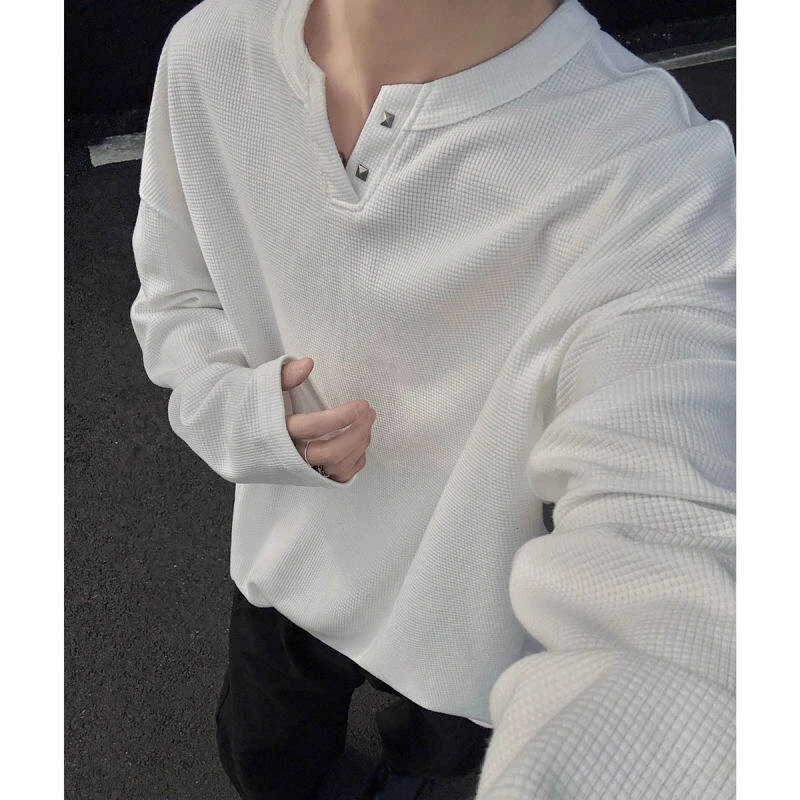 2025春装新品美式老钱V领打底衫男百搭宽松肌理感T恤情侣卫