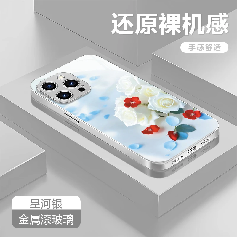 玫瑰花适用苹果17/16华为P70/vivo/oppo金属漆玻璃防摔手机壳女