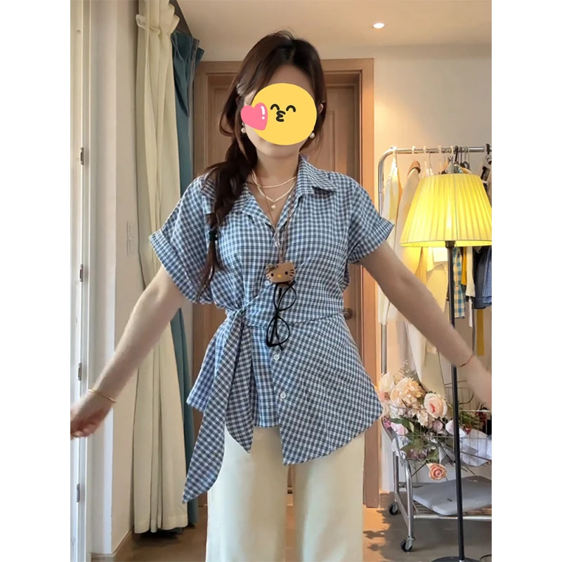 2025年新款韩版设计感时尚格纹长袖衬衫绑带精致长袖高级感上衣女