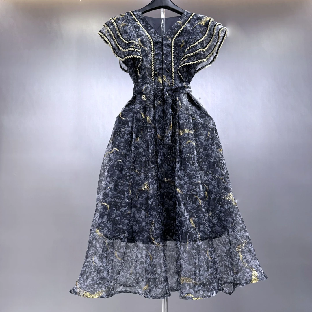 2法式V领中长裙纯色印花连衣裙优雅高贵性感风山系设计师轻奢显瘦