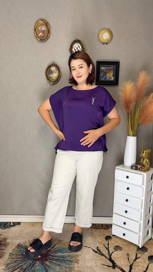 夏季宽松圆领常规针织T恤简约短袖纯色镂空飞飞袖001