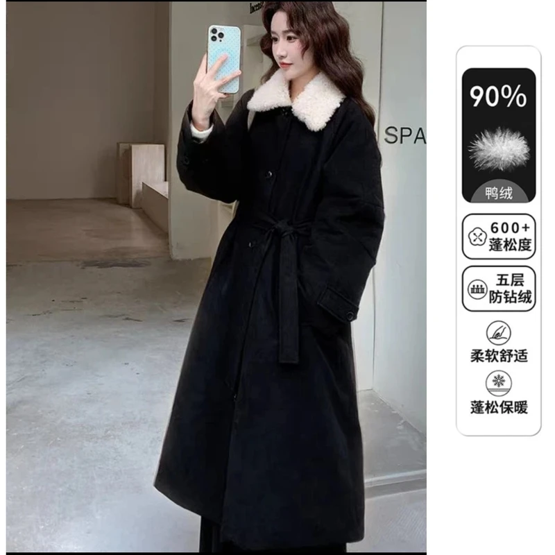 【保暖羽绒服】翻领长款学院风极简风柔软大毛领过膝风衣羽绒服外套
