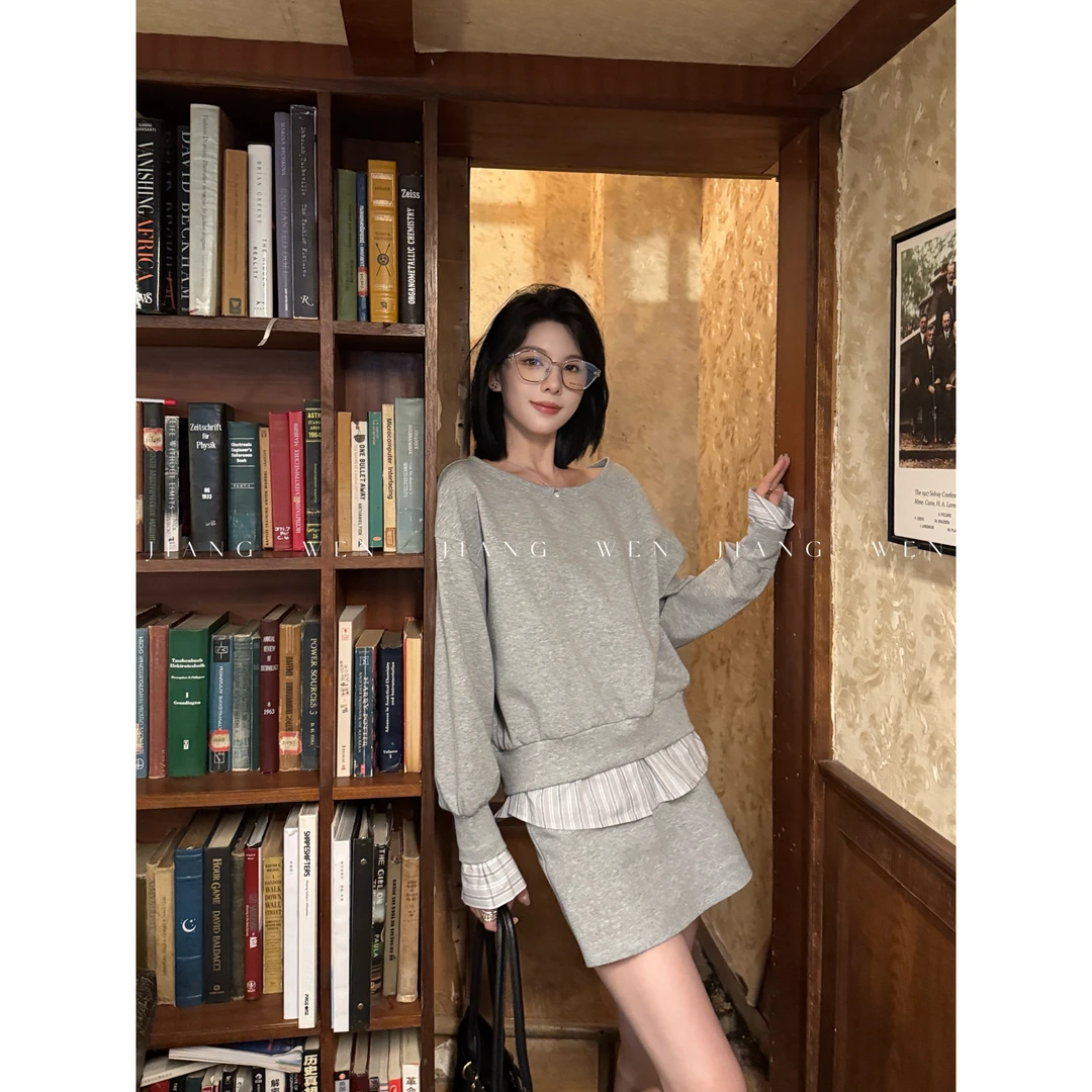 【懒人公式】斜肩长袖卫衣+裙裤时尚休闲显瘦套装