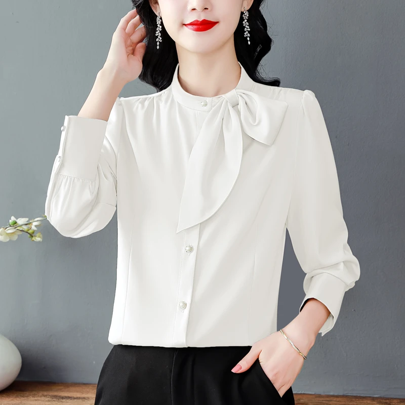 蝴蝶结缎面长袖衬衫女士春秋气质宽松百搭上衣洋气时尚高贵小衫25