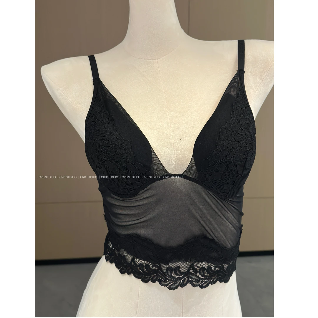 【春日部】纯欲性感黑色打底法式蕾丝小吊带美背自带杯垫修身0746