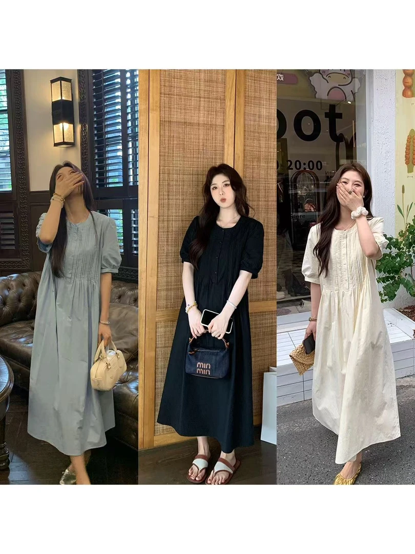 【现货秒发-NAZ瑶瑶微胖大码定制】法式圆领设计打条减龄显瘦连衣裙