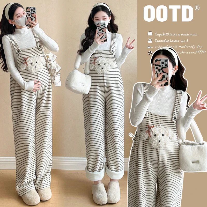 外穿条纹孕妇背带裤秋冬款2025新款加绒加厚两件辣妈套装大码韩版