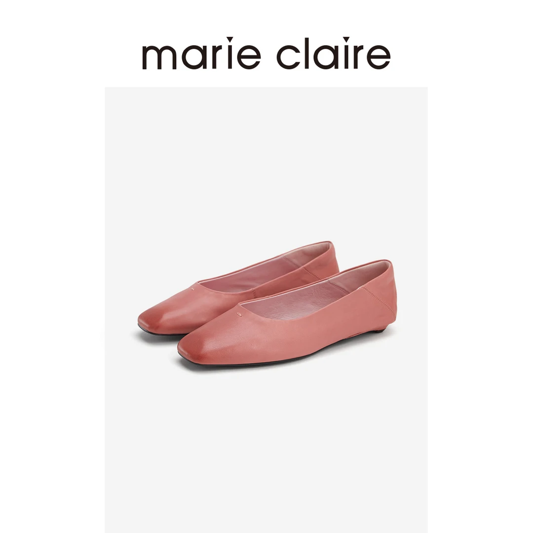 MC女鞋白桃慕斯粉牛皮方头擦色奶奶鞋简约基础款marieclaire女鞋
