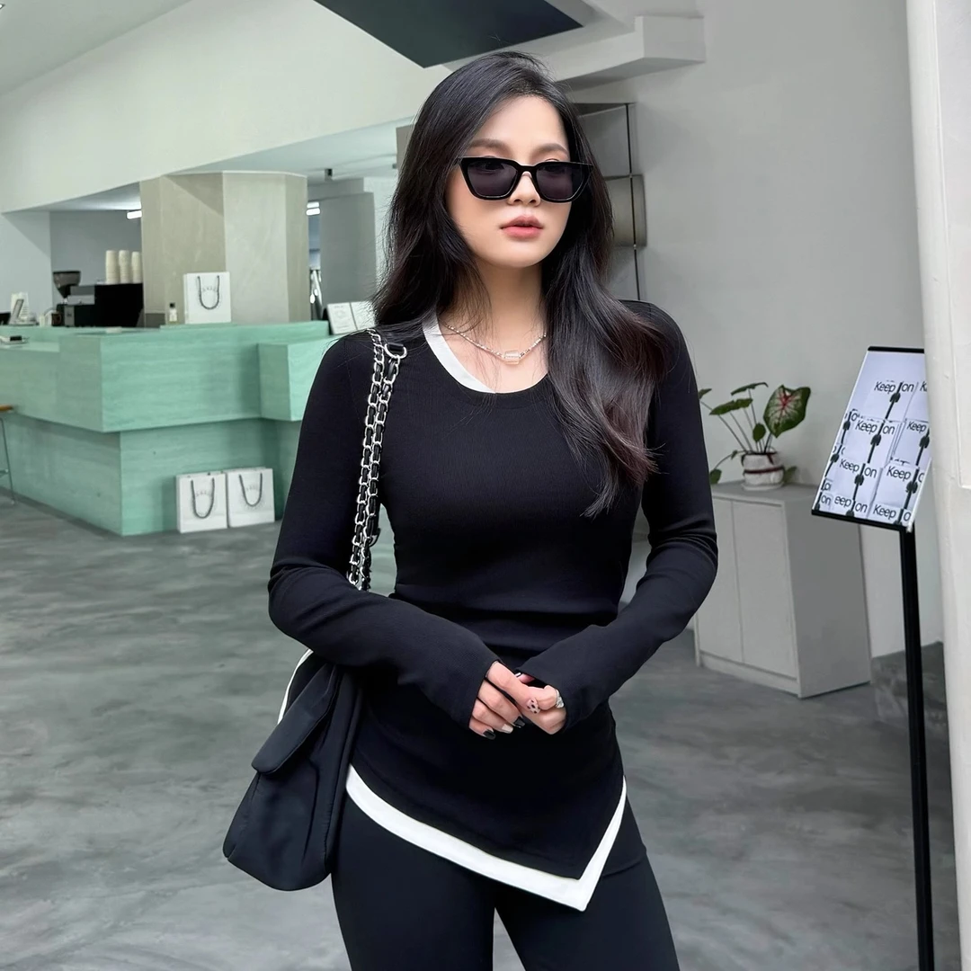设计感小众长袖T恤女2025秋冬新款撞色收腰修身不规则打底衫上衣