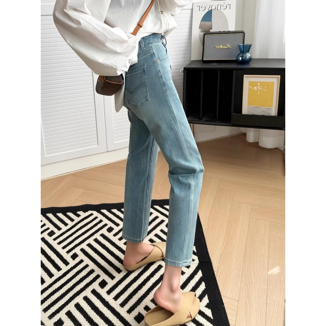 清新藍超柔赛洛纺四面弹夏款直筒九分裤高腰显瘦時尚宽松法棍褲