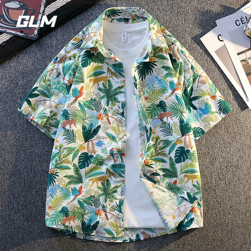 GLM纯棉短袖花衬衫男士夏季新款潮流痞帅度假风休闲百搭翻领衬衣
