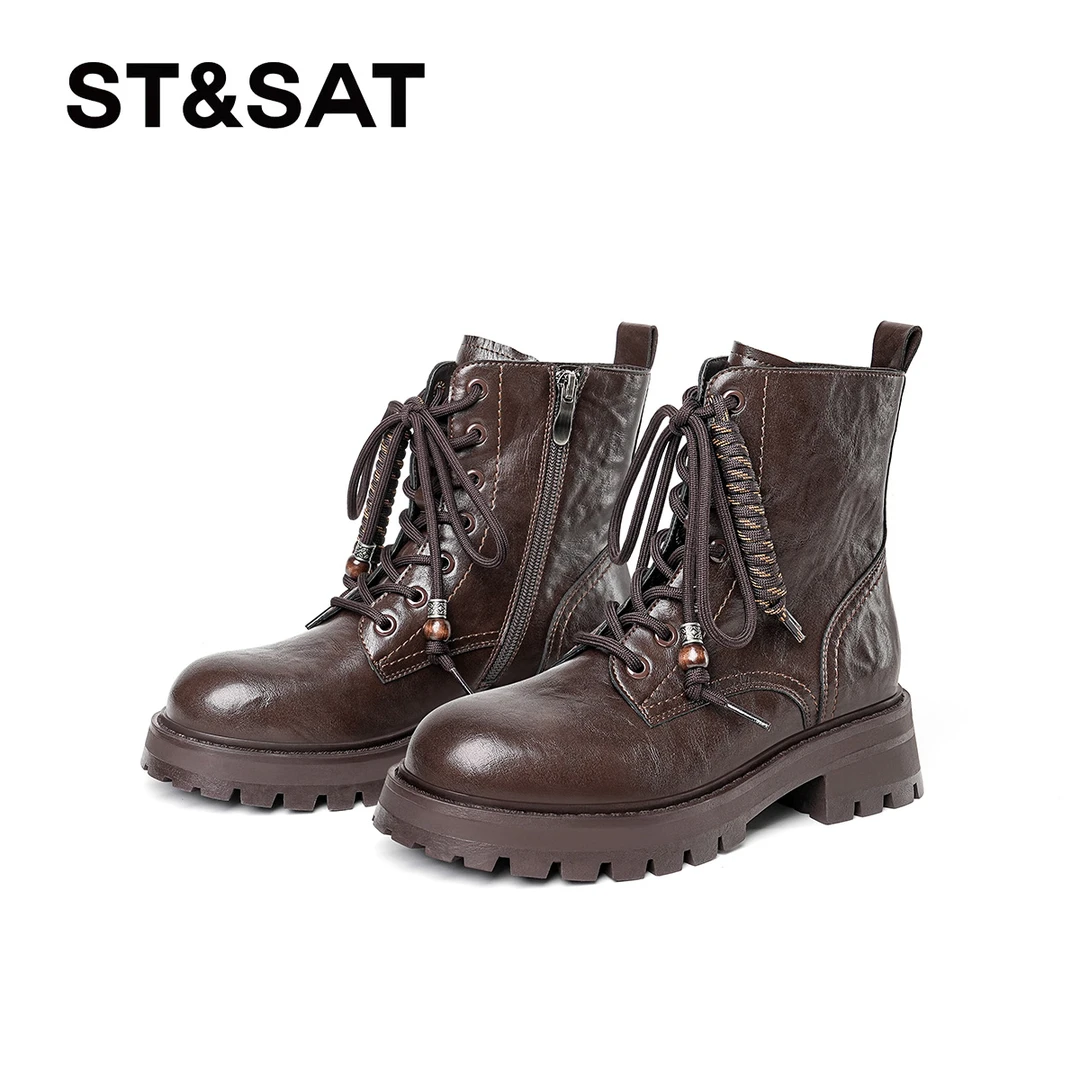 St&Sat/星期六复古英伦风圆头马丁靴厚底冬季女靴学院风短靴