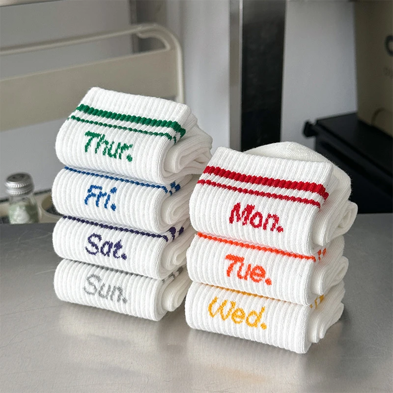 【新疆棉】星期袜男女情侣同款四季男女款长筒纯色棉袜吸汗透气白袜