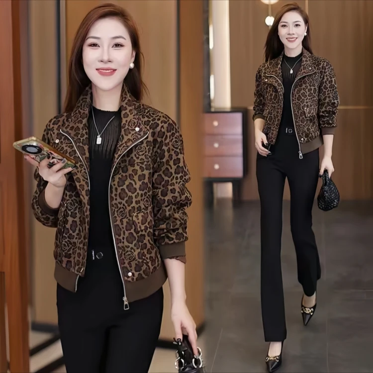 2025秋季新款豹纹短款外套女小香风休闲时尚百搭开衫外衣洋气上衣