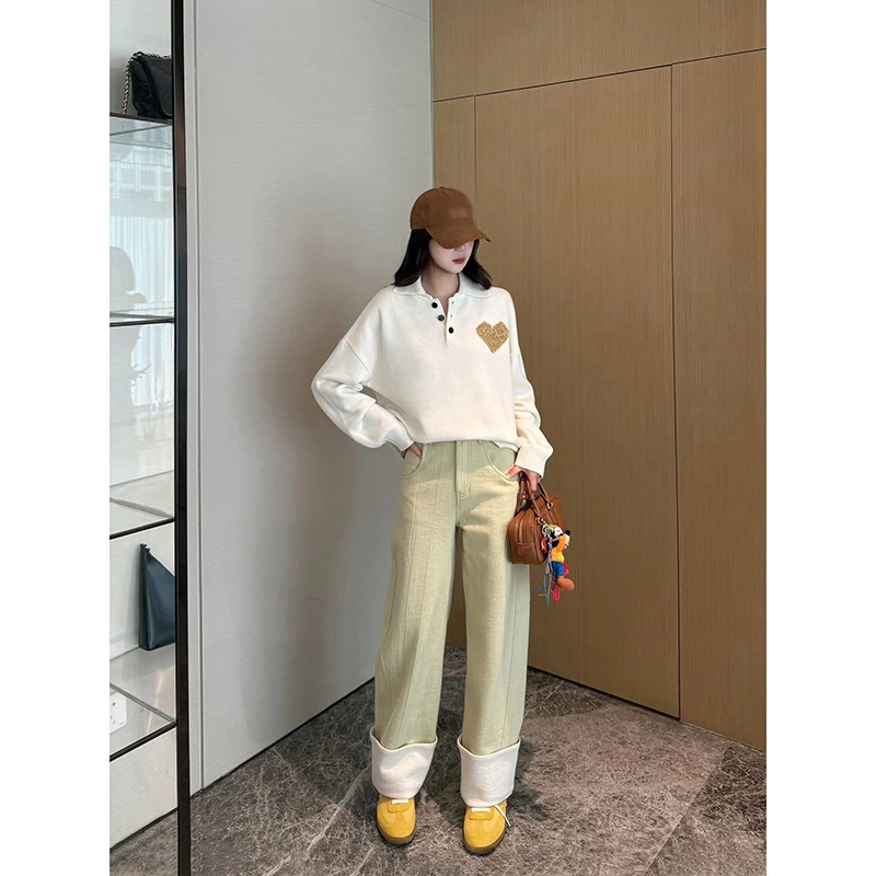 NancyCavally专柜款悬垂感肌理羊毛一键修腿撞色翻折边镰刀长裤