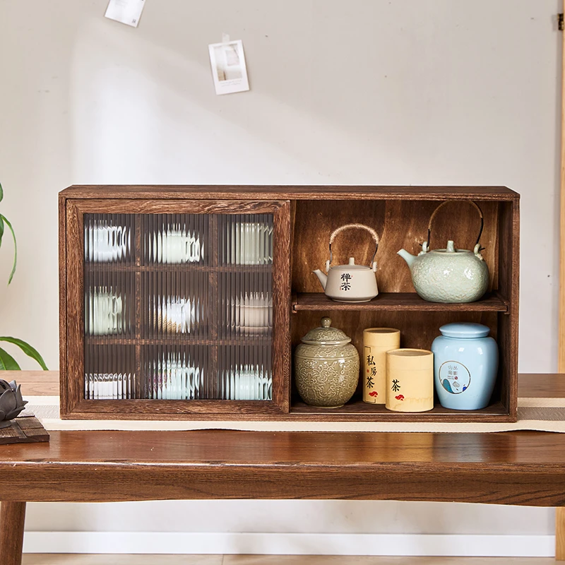 实木桌面收纳柜茶具防尘储物柜茶壶博古架展示壁挂茶叶置物茶杯架