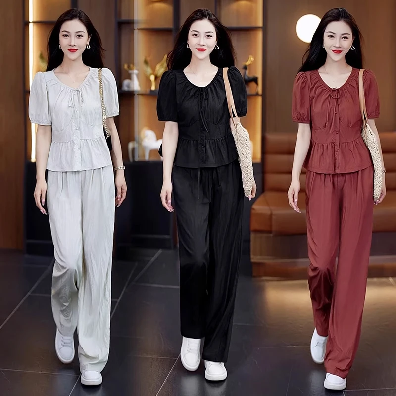 仿冰垂感缎面薄款时尚阔腿裤套装女夏新款洋气短袖小裙摆衬衣套装