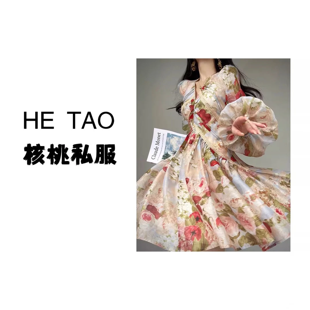 Y【核桃】【有里布】法式浪漫印花V领收腰小个子显瘦连衣裙DM0099