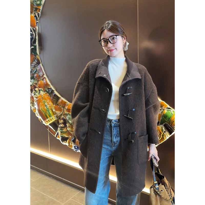 【首尔街头】RY 75%绵羊毛20苏丽羊驼绒加厚韩版牛角扣双面大衣女