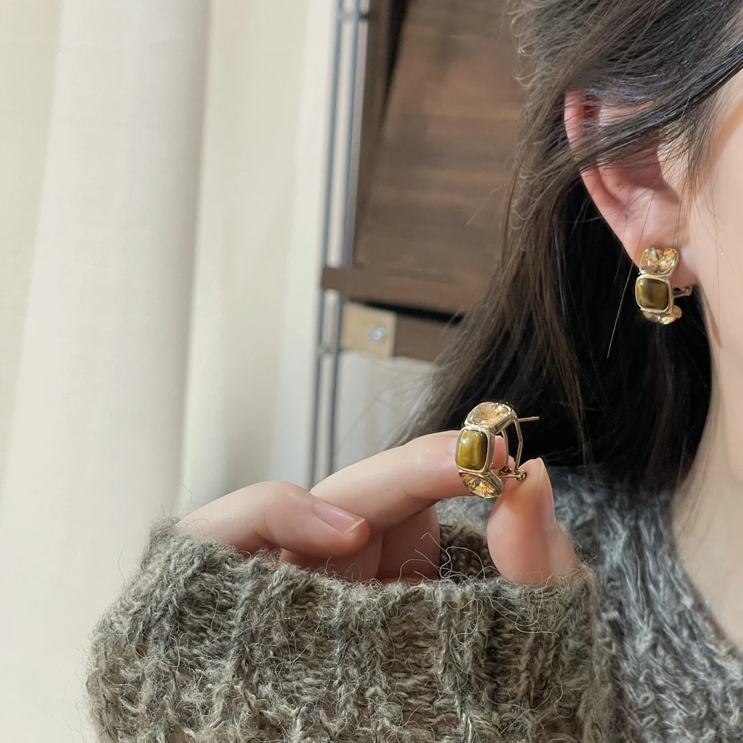 虎眼石金色耳环耳饰百搭冷淡风精致高级H101