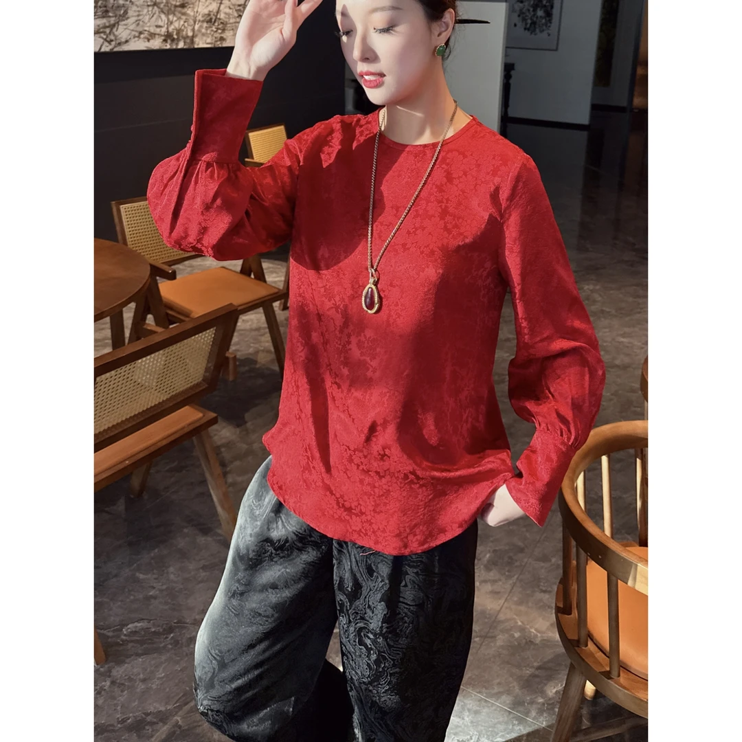 【老罗家】原创真丝衬衫桑蚕丝花罗提花宽松红色长袖气质打底上衣