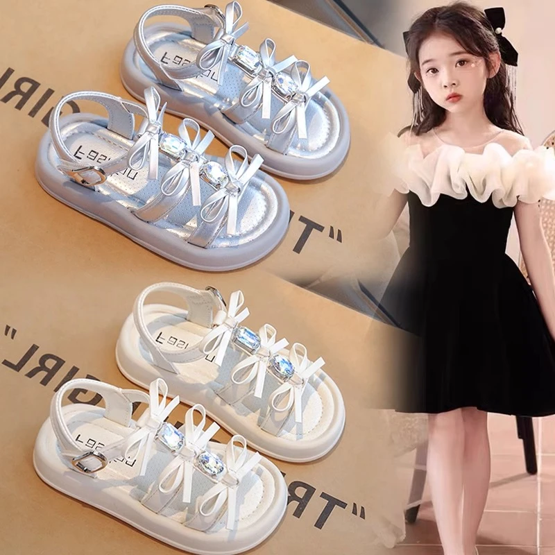 ABC女童凉鞋夏季2025儿童罗马鞋子中大童女孩蝴蝶结水钻公主凉拖