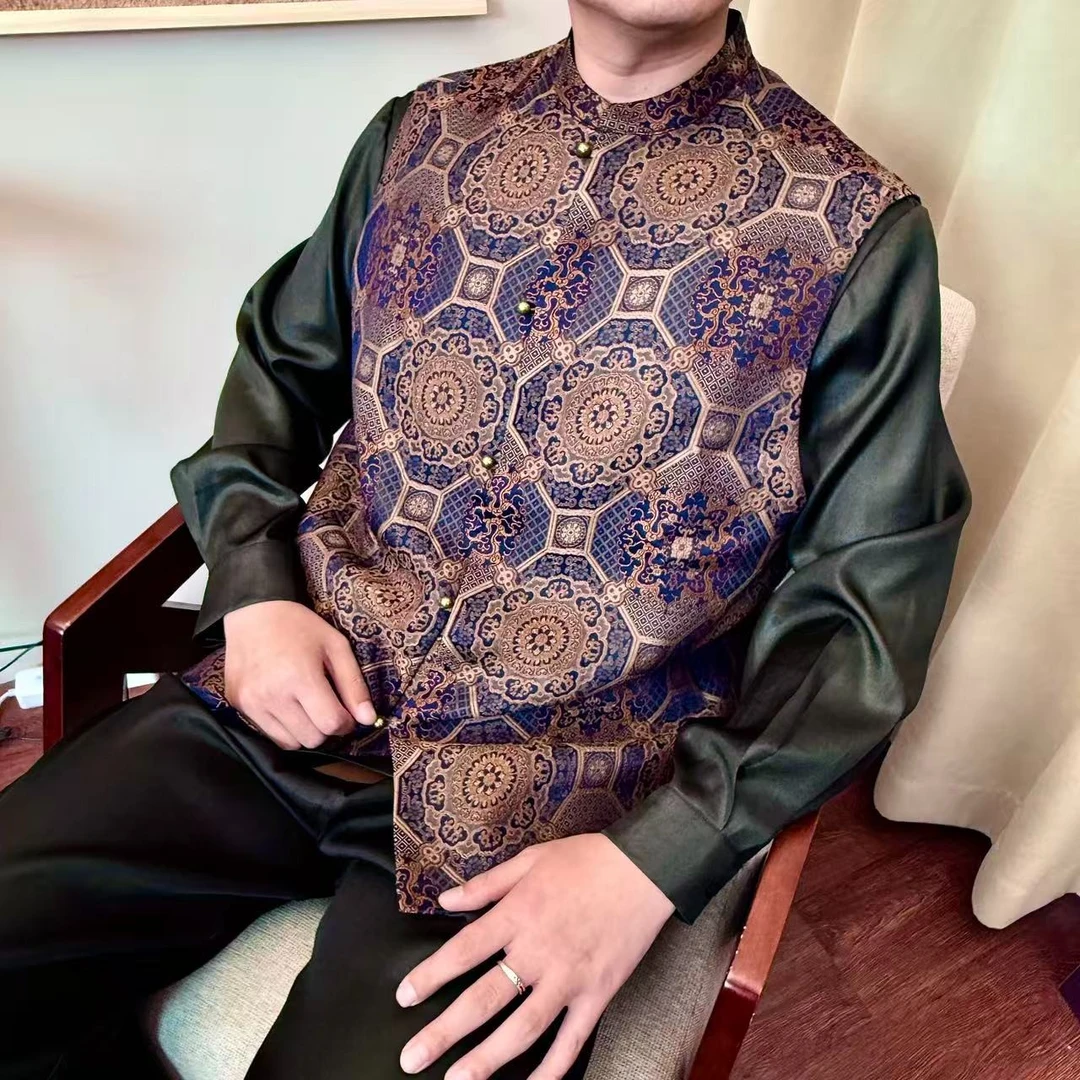 月下扬帆2609男士桑蚕丝宝相花宋锦香云纱新中式铜扣唐装加厚马甲