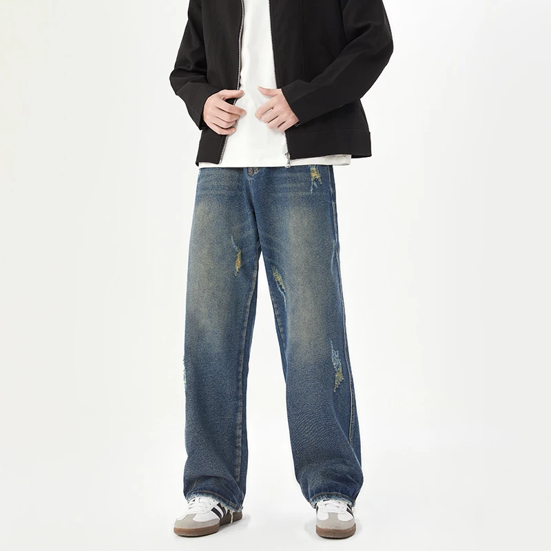 牛仔裤水洗男秋季港风做旧直筒裤复古休闲百搭设计感ins裤子春秋