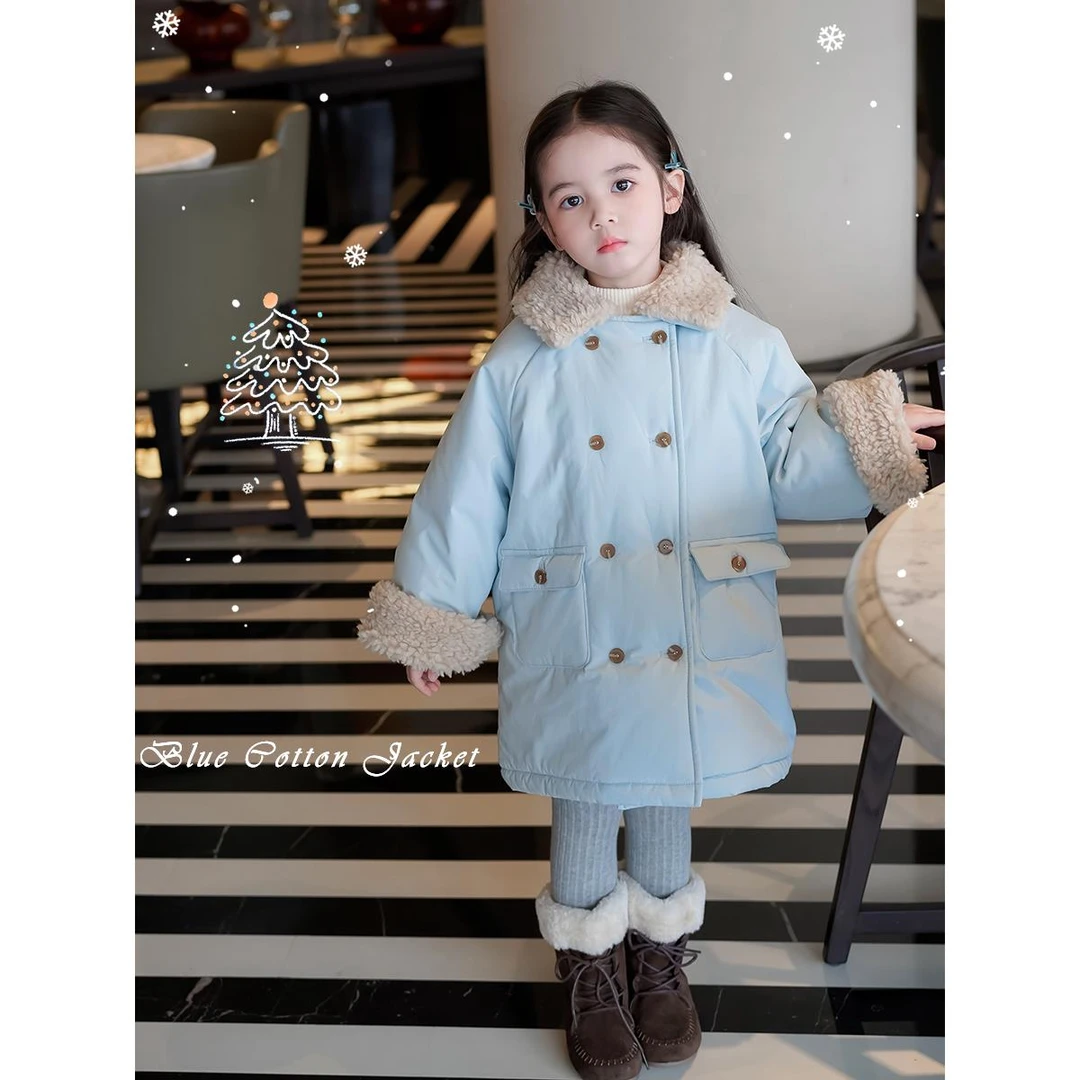 儿童韩版双排扣毛绒冬季外套女童中长款保暖厚棉袄棉服洋气时尚