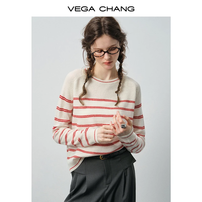VEGACHANG【甜系清新】条纹毛衣女2025新款秋季红白撞色套头0255YS