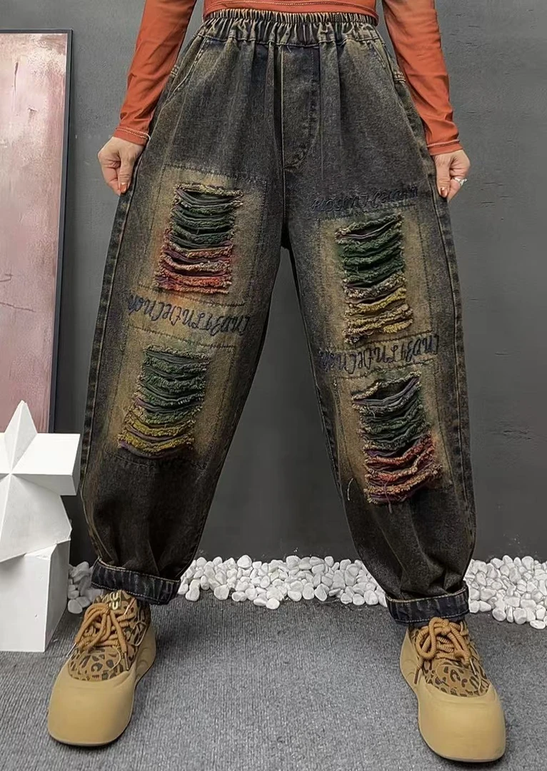 春秋新款女装字母破洞喷彩水洗牛仔裤休闲个性时尚松紧腰哈伦裤女