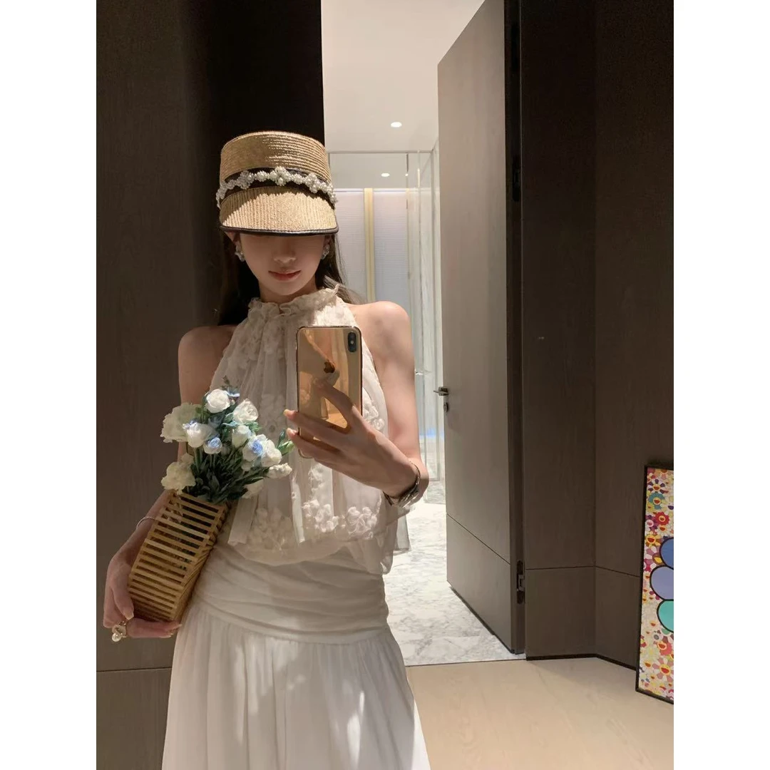 【盒子专享】和风花语  荷叶领绣花假两件褶皱感无袖吊带上衣