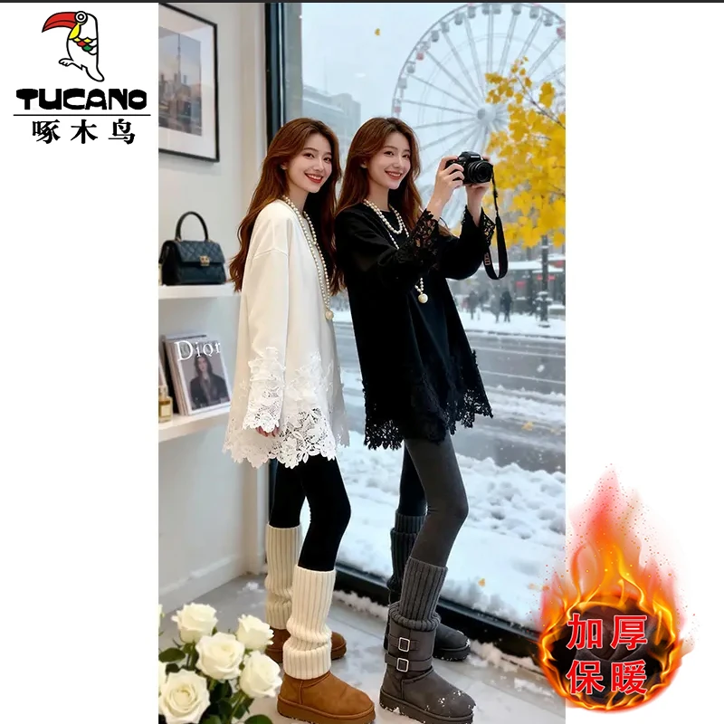 啄木鸟2025年设计感百搭蕾丝上衣秋冬薄款/加绒洋气减龄T恤长袖女